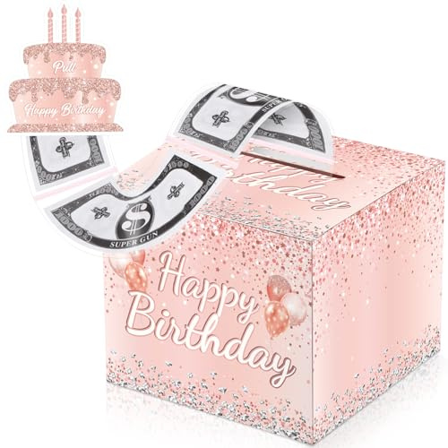 Chiisong Birthday Money Box for Cash Gift Money Pull Box for Cash Gift Box with Pull out Card 100 Transparent Bags Fun DIY Explosion for Adult Kids New Year(Pink Balloon)