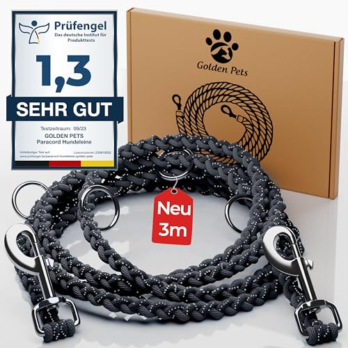 Testnote: Sehr gut - Hundeleine reflektierend I 3m, verstellbar, wetterfest & reißfest bis 250 kg I Paracord Führleine, Umhängeleine I kleine - große Hunde