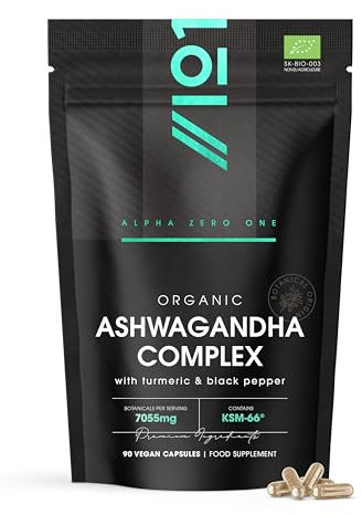 Organic Ashwagandha Complex 7055mg - KSM-66® with Turmeric & Black Pepper - 22.5mg Withanolides - Most Bioavailable Full-Spectrum Root Extract - Not Tablets or Powder - 90 Vegan Capsules by Alpha01
