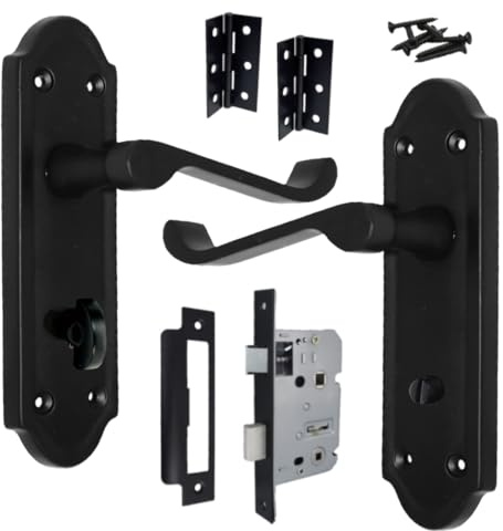 Betley Butterfly Ashford Handle Latch Lock Bath Door Handles Matt Black, Pair of 3 Hinges Pack Sets 168mm x 47mm Backplate, Vic Scroll Lever Interior Wooden Doors (Bathroom Pack)