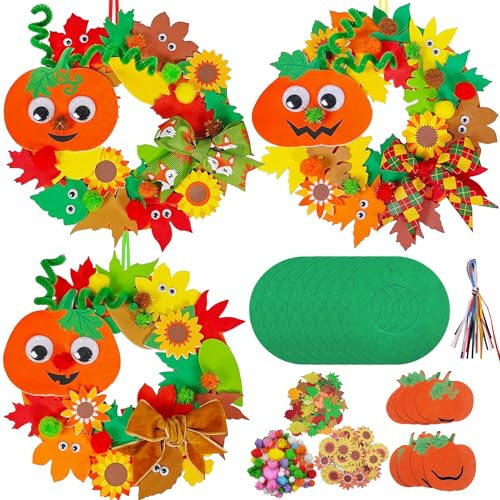 Herbst Bastelsets für Kinder - 8 Stück DIY Kranz Ornamente aus Filz mit Kürbissen, Ahornblättern, Eicheln für Herbst Dekoration und Halloween