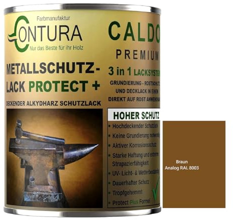 Contura 3in1 Rostschutzfarbe Metallschutzlack Glänzend RAL Metall Lack Farbe Grundierung (RAL 8003 (Intern: Braun), 500ml.)