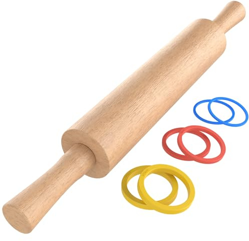 Mepple Classic Wooden Rolling Pin with Handle for Fondant, Pizza, Pies, Cookies, Pastries, Rolling Pin for Baking with 3 Multi-Color Thickness Rings, 17x2.5 (Include handle) Beechwood Rolling Pin