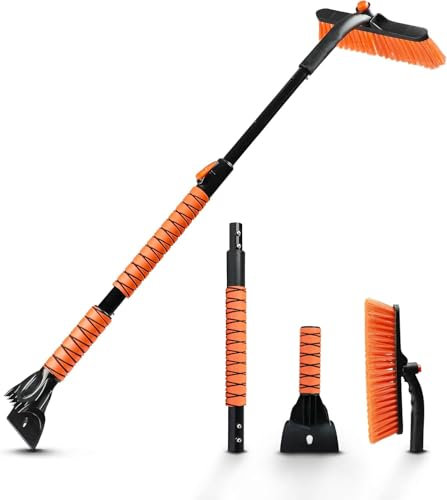 Tsinhu Ausziehbarer Eiskratzer, Eiskratzer mit 360° Drehbarer Schneebürste, Schneeentfernungswerkzeug Autobürste mit Komfortablem Schaumstoffgriff für Autowindschutzscheiben, LKWs, SUVs usw. (Orange)
