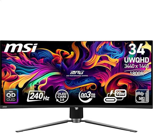 MSI MPG 341CQPX QD-OLED Monitor Curvo Gaming 34 (UWQHD) - Pannello QD-OLED 3440 x 1440 (21:9), 240Hz / 0,03ms, 99,3% DCI-P3, ΔE≤2, DisplayHDR True Black 400, DP 1.4a, HDMI, USB Type-C (PD: 98W)