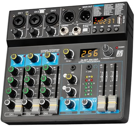 Depusheng Mixer audio professionale Digital FX 256 bit DSP USB Bluetooth MP3 Computer DJ Mixer 5 canali con alimentazione phantom da 48 V per registrazione PC, streaming live e karaoke