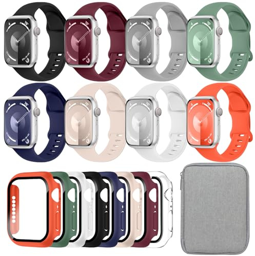 Lot de 8 étuis de montre de sport compatibles avec Apple Watch 40 41 44 45 | pour homme et femme, en silicone iWatch avec étui de rangement pour séries 9, 8, 7, 6, 5, 4, SE, SE2
