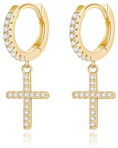 925 Sterling Silber Creolen Ohrringe mit Kreuz Anhänger, Damen Funkelnde CZ Tropfen Ohrringe Hypoallergen 18K Vergoldet Kleine Schlafen Knorpel Ohrringe Schmuck Geschenk