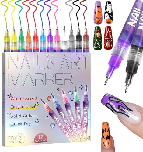 MKNZOME 12 Farben 0.5MM Nagellack Stift Set, 3D Nail Art Pen Nagellackstifte Nageldesign für DIY Nagelkunst, Beauty Schönheit, Maniküre Werkzeuge