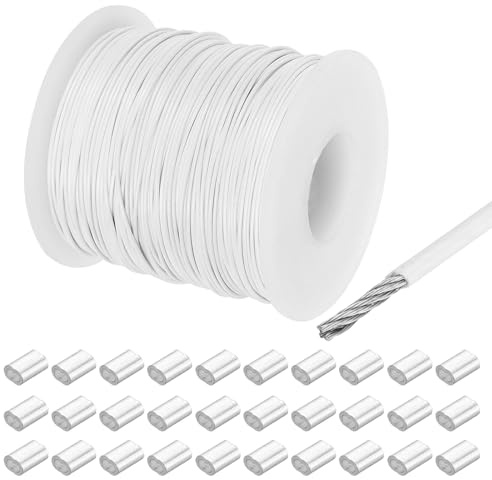 QUARKZMAN Drahtseil Edelstahl 100M x 0,8 mm Stahlseil PVC ummantelt mit 30 Aluminiumhülsen Sicherungsdraht Aufhänger für Bilder Vorhang Geländer Outdoor Gartenmöbel Sonnensegel, Weiß