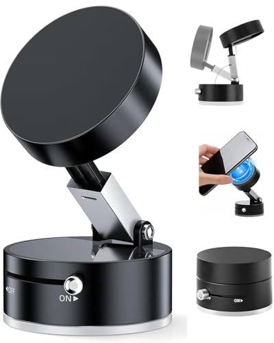 Qaum Vacuum Suction Magnetic Phone Holder for Car Foldable Retractable Suctions Cup Phone Mount Double-Sided Magnetics Hands-Free for Windshield, Dashboard, Gym, Mirror, Shower