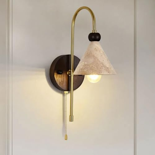 LLXDFUU Wabi Sabi Lampada Vintage per Sala Lettura Camera da Letto Moderna Applique E27 Travertino Giallo Applique da Parete Bagno Francese Lampada da Toilette con Catena A Forma di Imbuto Lampada da