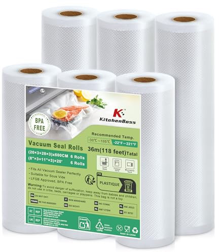 KitchenBoss Sacchetti Sottovuoto per Alimenti：3 Rotoli 28 x 600 cm + 3 Rotoli 20 x 600 cm, Rotolo Sottovuoto Alimenti per Conservazione Alimenti e Cottura Sous Vide