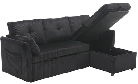 WEALTHOUSE Multifunktionales Schlafsofa mit Stauraum und Ausziehbett, modernes modulares Ecksofa mit verstellbarem Liegestuhl rechts, weicher gestreifter Stoff, umbaubar zum Bett (Schwarz+Samt)