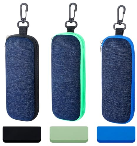 DONQTWAY 3 Stück Brillenetui mit Karabiner, Brillenetui Weich aus Denim mit Reißverschluss, Brillen Etui mit Brillenputztuch, Glasses Case, Sonnenbrillentasche, Brillenbeutel für Reise und Alltag
