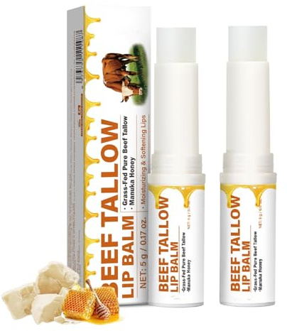 2 x Grasfutter-Rindtalg-Lippenbalsam, Feuchtigkeitscreme, geschlagener Manuka-Tallow und Honigbalsam, beruhigt rissige, trockene Lippen, empfindliche Haut – Talgbalsam für Lippenerweichung und