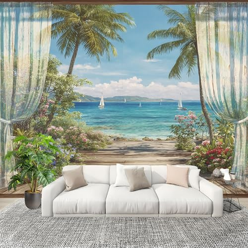 Dormitorio Papel Pintado Cortinas ArtíSticas Con Vista Al Mar Pared Panorámico 250x175 cm Fresco Fotomurales No Tejido, Póster Gigante de Pared Personalizado 3D Para Salón Fotomurales