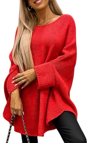 LIUYUYOUGO Poncho Damen Damen Poncho Pullover Mit Rundhalsausschnitt Fledermausärmeln Umhang Übergroß Grob Gestrickt Schals Und Tücher Einfarbig Modisch Gestrickt Pullover Oberteile Herbst/Wint