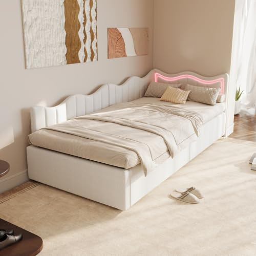 BLSYHDH Polsterbett Tagesbett Einzelbett 90x200,Hydraulisch Stauraumbett,Kinderbett LED-Kopfteil,Sofabett Jugendbett,Polsterbett Kinderbett,Doppelbett mit Stauraum,Ohne Matratze (Beige+Samt, 90x200)