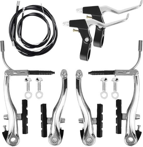 Unpoten Fahrradbremse Set, 2 Paar V-Brake Fahrrad Bremse Vordere und Hintere MTB Bremsen, Bremsseile und Bremshebel Kit für Mountainbikes und Rennräder, Aluminium und Gummibremsbeläge (Silber)