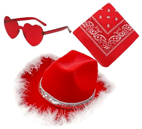 Weihnachts-Cowgirl-Hut, Cowboyhüte für Weihnachten – Partyhüte – Cowboy-Hüte – 3 x Cowgirl-Hut, Vintage-Bandana in Herzform, Weihnachtspartyhut