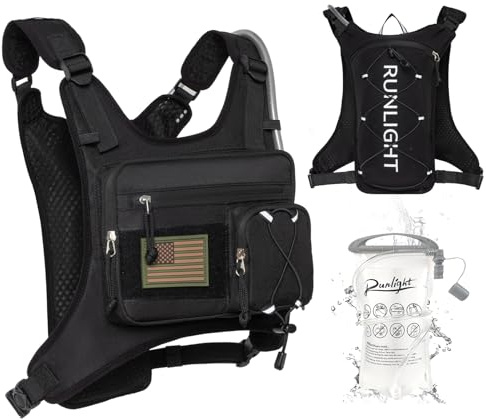 Gilet da corsa, leggero e regolabile con pettorina, tasca con sacca idratazione da 1,5 litri, gilet da corsa riflettente per uomo e donna per escursioni e maratona (Nero)
