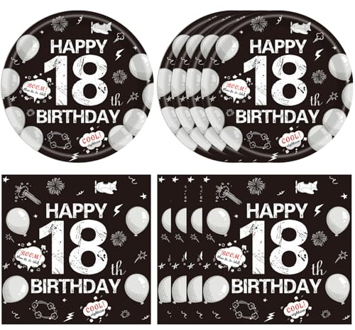 DURYGEN 40Pcs 18th Birthday Decorations for Boys Girls,18th Birthday Plates and Napkins Black and White Disposable Party Tableware Set for Time To Adult 18 Years Old Party Favor, Serve 20