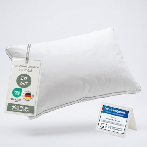 Blumtal Federkissen 40x80 cm 2er Set mit 3-Kammer-Füllung - Oeko-TEX zert. Kopfkissen 40x80 2er Set Federfüllung - Ultra stützender Federkern + HCS-Außenkammern - Kissen Seitenschläfer + Piping, Weiß