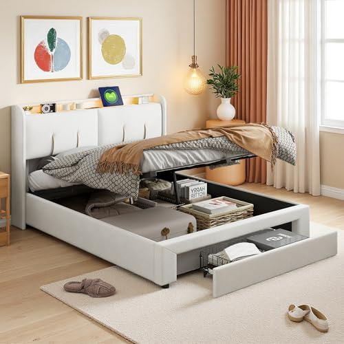 OLIVIBED Letto Imbottito Matrimoniale 140 x 200 cm con Cassetto, Letto Matrimoniale con Supporti a Doghe in Legno, Letto Contenitore con schienale e Testiera contenitore, Velluto, Bianco
