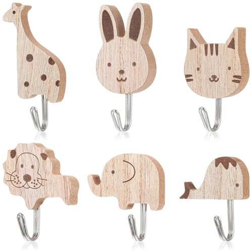 TIESOME 6 Pcs Wooden Hooks, Self-Adhesive Cartoon Animal Wall Hooks, Cute Wood Coat Hangers for Kids Room Nursery Baby Bedroom Decor, Cats Rabbits Giraffes Lions Elephant