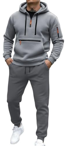 Generisch Chándal con capucha, chaqueta con cremallera completa con varios bolsillos y pantalones de chándal a juego para ropa deportiva y casual, Gris claro., XL