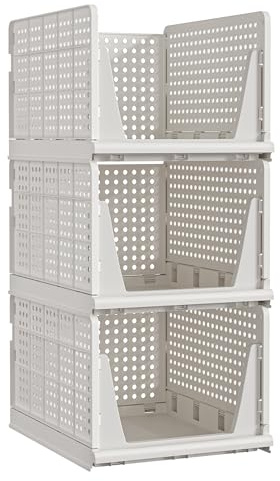 SONGMICS Organizer per Armadio Pieghevole, Set di 3 Organizzatori Cesti Impilabili Scorrevoli per Armadio, Cassetti in Plastica per Camera da Letto Ufficio Bagno, Bianco LPC310W101