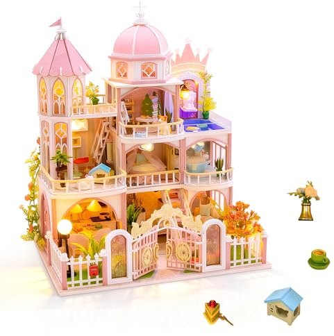 Cuteefun DIY Miniatur Puppenhaus Kit, mit LED (Prinzessinnenschloss) | Puppenhaus Holz Modellbausätze für Erwachsene, Bauen Sie Ihr eigenes Traumhaus Modell, Wohndekoration, Einzigartiges Geschenk