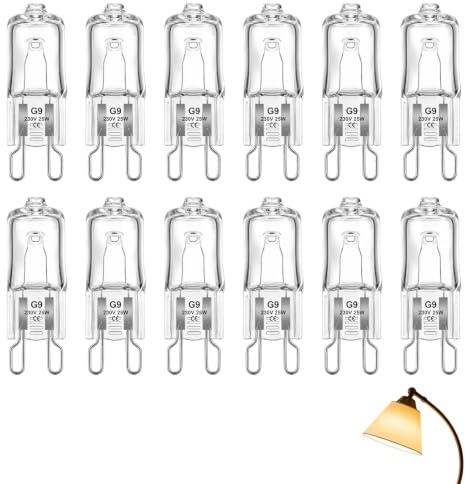 Veruydita Bombilla halógena G9 de 25W, 12 unidades, regulable del 10% al 100%, voltaje 230V, 300 lúmenes, blanco cálido 2700K, sin parpadeo, larga duración, ideal para hornos, microondas