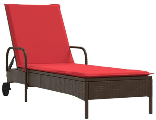 QJBSAVVA Sdraio da giardino con ruote e cuscino rosso, sedia a sdraio regolabile in polyrattan, per giardino e terrazza, isola mobile con cuscino incluso, 61 x 200 cm