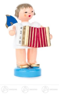 Rudolphs Schatzkiste Engel mit Akkordeon stehend, Blaue Flügel Höhe ca 5,5 cm NEU Erzgebirge Weihnachtsfigur Holzfigur