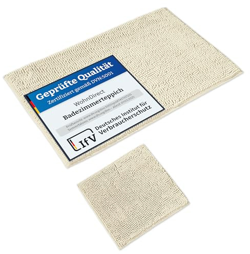 WohnDirect Badematten & Badteppiche Set 2 teilig Creme • WC Vorleger ohne Ausschnitt 45x45cm + Badematte rutschfest 70x120cm groß • Badvorleger rutschfest waschbar • Badezimmerteppich ÖkoTex