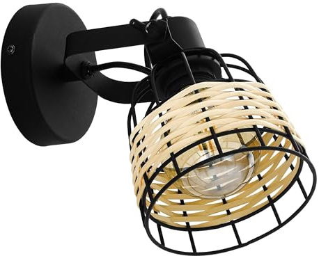 Eglo Lámpara de techo Anwick 1, lámpara de techo vintage de una luz | estilo boho, foco de techo de acero y ratán, lámpara para salón en negro y natural, lámpara para cocina, E27
