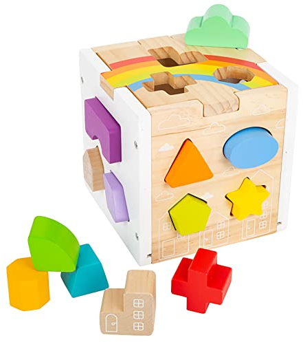small foot Steckwürfel Regenbogen, 13 unterschiedlich geformte Steckelemente aus Holz, ab 12 Monaten, 11777