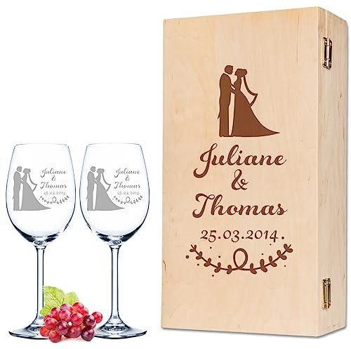 GRAVURZEILE Leonardo Weingläser - Brautpaar Design als Set - graviert mit Namen & Datum - inkl. Vintage Holzkiste - Geschenk für das Brautpaar zur Hochzeit, Verlobung & Jahrestag