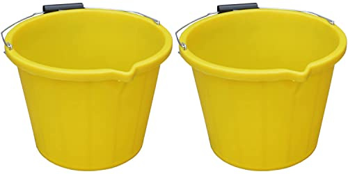 2x Premium Quality Plastic Builders Yellow 3 Gallon 14 Litre Bucket Water Mixing Storage Strong with Measuring Guide, Handle And Spout For Home Garden Farm.