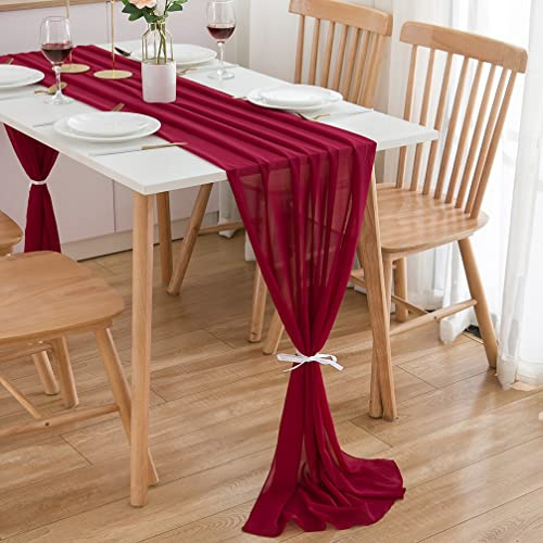 CHUQING Chiffon Tischläufer Rot Tischläufer Hochzeit 3m Weinrot Bordeaux Tischband Waschbar