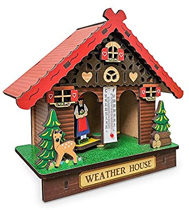 RSGK Wooden House Barometer, wall-mounted barometer, temperature and humidity sensor, wall-mounted barometer, A forest weather house with men and women