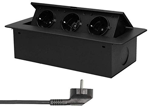 Einbausteckdose 3er Schuko Anschlussfertig mit Kabel/Stecker versenkbar Softöffnung Steckdosenleiste in 3 Farben (schwarz)