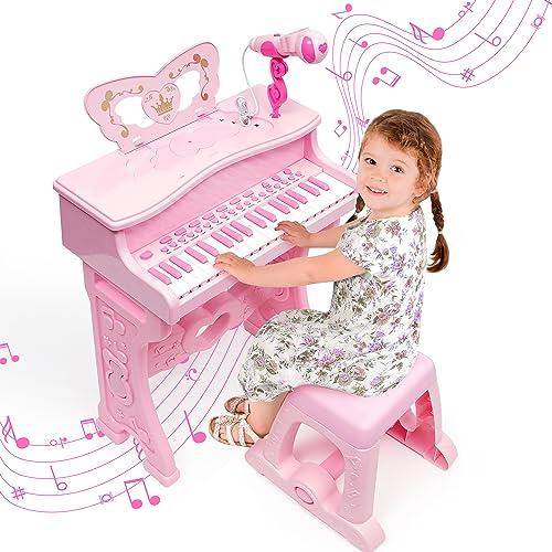 Kids Piano Keyboard 37 Keys Mini Piano with Detachable Legs,Stool Educational Music Toy with Microphone Musical Keyboard Gift for Girl Toddler Baby Music Key Board Pink