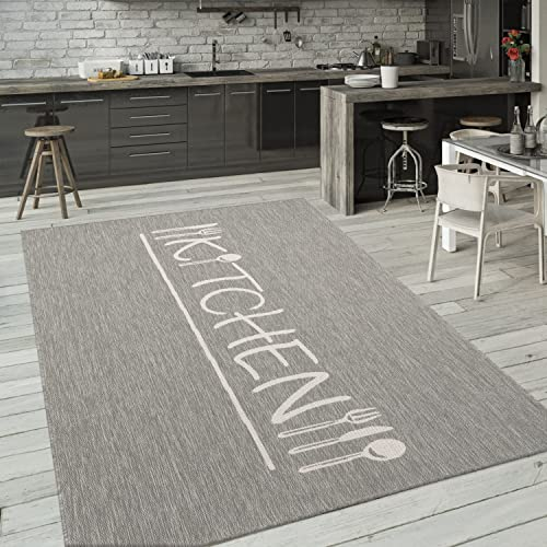 Paco Home Outdoor Teppich Wetterfest Wohnzimmer Balkon Küchenteppich Modernes Muster Mit Schriftzug, Grösse:160x220 cm, Farbe:Grau