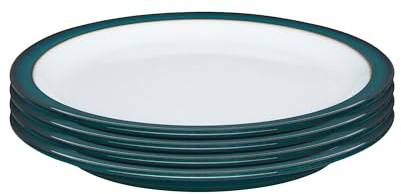 Denby Greenwich Lot de 4 assiettes moyennes – Vaisselle en céramique émaillée – Passe au lave-vaisselle et au micro-ondes – Résistante aux éclats et aux fissures – Vert et blanc – 22 cm
