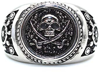 Skull Ring for Men, Vintage Pirate Crossed Swords Skull Head Ring, Punk Rock Skull Totem Ring, Gothic Pirate Skull Amulet Ring, Halloween Ring Biker, Viking Skull Jewelry Gift for Men Boys (S, Silver)