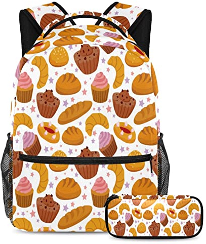 Leisure Campus Sac à dos de voyage avec étui à stylos pour pâtisserie, cupcke, pain avec porte-bouteille pour filles et garçons, métal, Taille Unique