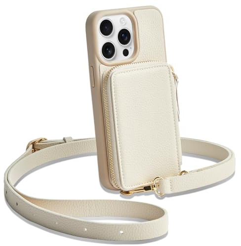 CUSTYPE Für iPhone 14 Pro Max Hülle Leder Handyhülle Für iPhone 14 Pro Max Hülle mit Band und Kartenfach, Handykette Hülle Für Apple iPhone 14 Pro Max Beige 6,7”